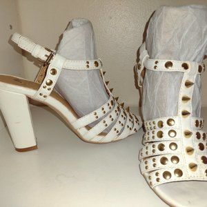 White strappy gold tone studded  sandals block heel 7